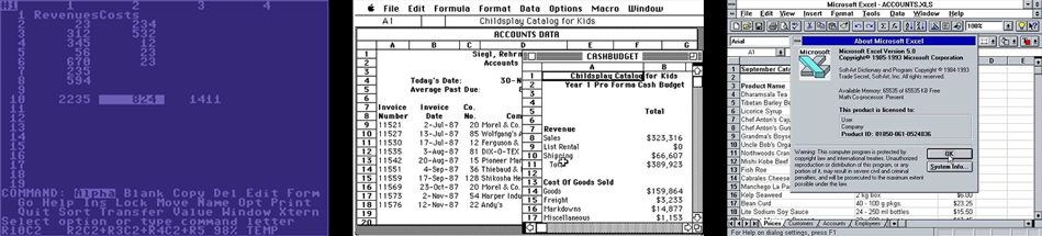 Till vänster: Microsoft Multiplan på en Commodore 64 cirka 1982. I mitten: Excel 1.0 på en Apple Macintosh (1985). Till höger: Excel 5.0 i Windows 3 (1993).